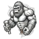 gorilla's face screaming for max effort. a scroll that flows around, an hourglass, a pencil, a gym disc tattoo design idea