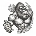 gorilla's face screaming for max effort. a scroll that flows around, an hourglass, a pencil, a gym disc tattoo design idea