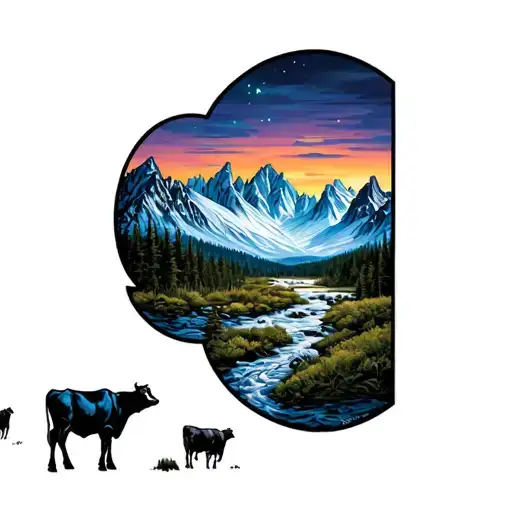 glacier mountain Montana with open range and cows with night time scene and rivers  tattoo design idea