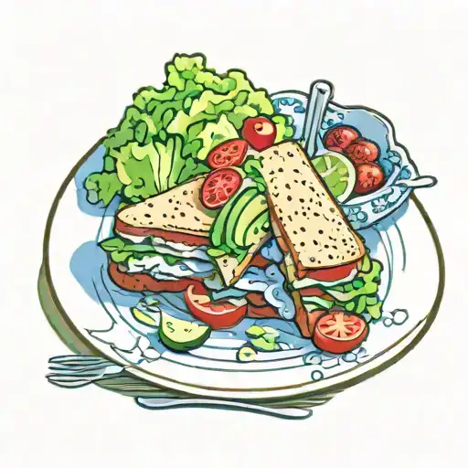 Tuna salad sandwich with lettuce, tomato, and cumber. On grilled sourdough bread. On a blue and white china plate tattoo design idea