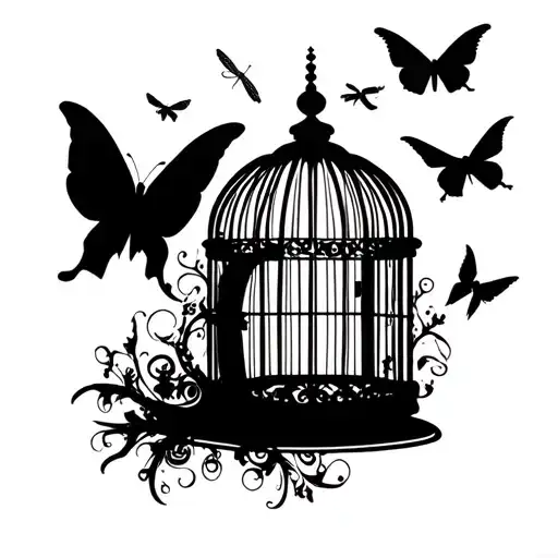 Vintage style birdcage with an open door and flying out are silhouettes of a butterfly, a bird, a dragonfly, a dragon tattoo design idea