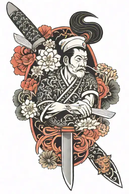 chef knife /sushi / sakure flowers / Japanese theme sleeve tattoo design idea