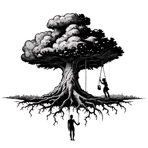 tree of life. bloody roots. atomic mushroom cloud. a hanging man on one side of tree. a girl on a swing on the other. TB tattoo design idea