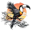 tree with waves and toucan and sunset  tattoo design idea