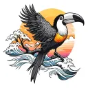 tree with waves and toucan and sunset  tattoo design idea