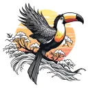 tree with waves and toucan and sunset  tattoo design idea