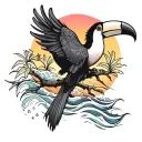 tree with waves and toucan and sunset  tattoo design idea