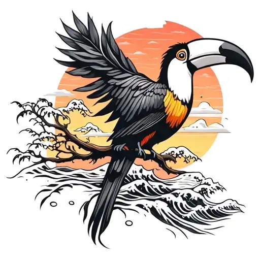 tree with waves and toucan and sunset  tattoo design idea