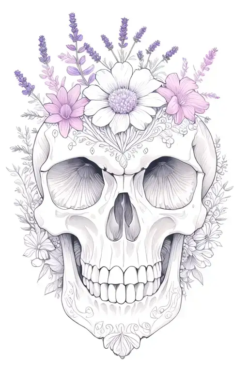 bottom mandala design + above mushrooms, flowers and lavenders that shapes a skull tattoo design idea