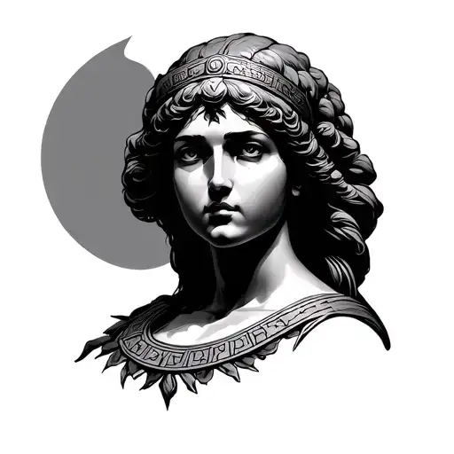 Athena portrait, ancient greek goddess of wisdom,female face in 45 degree angle, calm cold gaze,sculptural facial feat tattoo design idea