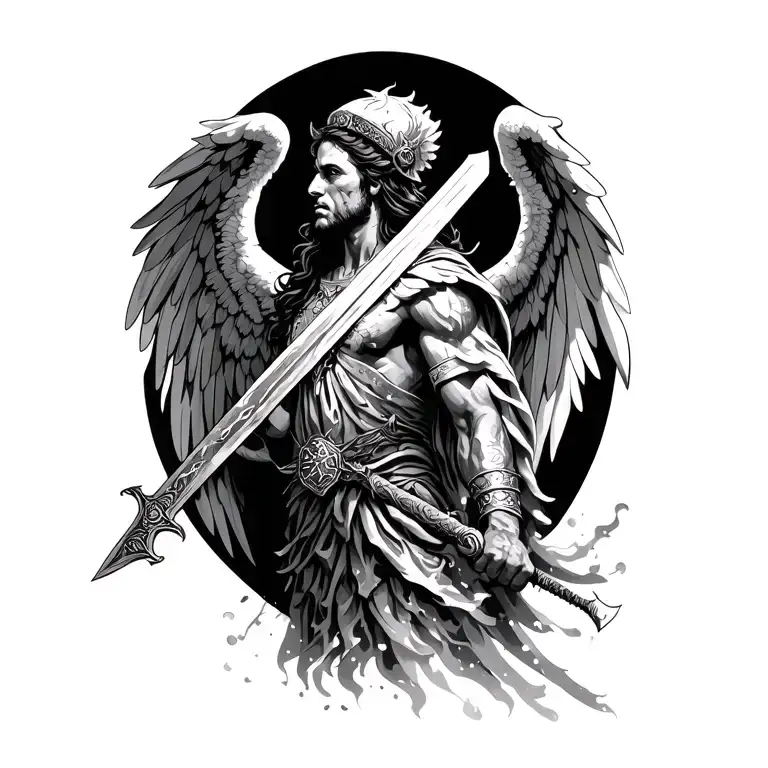 Mythical warrior with angel and demon wings, wielding a sword dynamically shoulder cap  wrap tattoo, flowing into chest. tattoo design idea