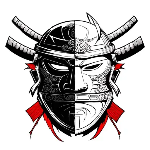 Create a sketch of tattoos you need a samurai mask that is torn into 2 parts and in this breakdown you need to add a small part of the faces tattoo design idea