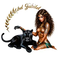 female warrior with long brown curly hair, brown skin and blue eyes petting a black panther like it is her spirit guide tattoo design idea