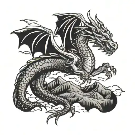 A dragon flying over the landscape of Venezuela, with a softball incorporated into the design tattoo design idea