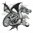 A dragon flying over the landscape of Venezuela, with a softball incorporated into the design tattoo design idea