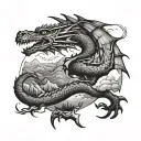 A dragon flying over the landscape of Venezuela, with a softball incorporated into the design tattoo design idea