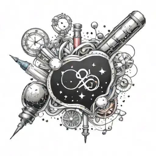 A constellation of love-themed symbols intertwined with pharmacy tools tattoo design idea
