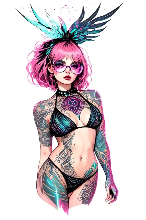 Sexy girl, petite, big boobs, wide hips, bikini . pink hair,sexual. Seductive. Full Body including arms. glasses tattoo design idea