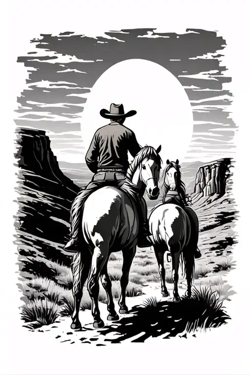 backview of horse and cowboy riding horses into a canyon with the sunset in background. with cowboy leading the horse tattoo design idea