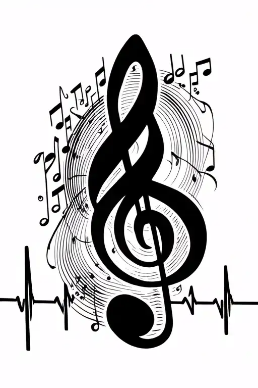treble clef with normal EKG heartbeat line bottom of treble clef. music staff on curves with taps sheet music notes. tattoo design idea