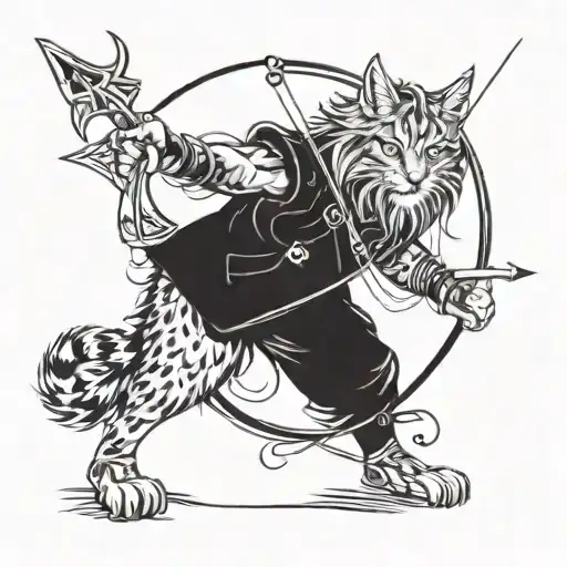 A fierce Maine Coon warrior wielding a bow and arrow, surrounded by mystical symbols tattoo design idea