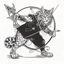 A fierce Maine Coon warrior wielding a bow and arrow, surrounded by mystical symbols tattoo design idea