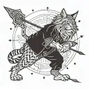 A fierce Maine Coon warrior wielding a bow and arrow, surrounded by mystical symbols tattoo design idea