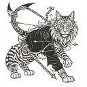 A fierce Maine Coon warrior wielding a bow and arrow, surrounded by mystical symbols tattoo design idea