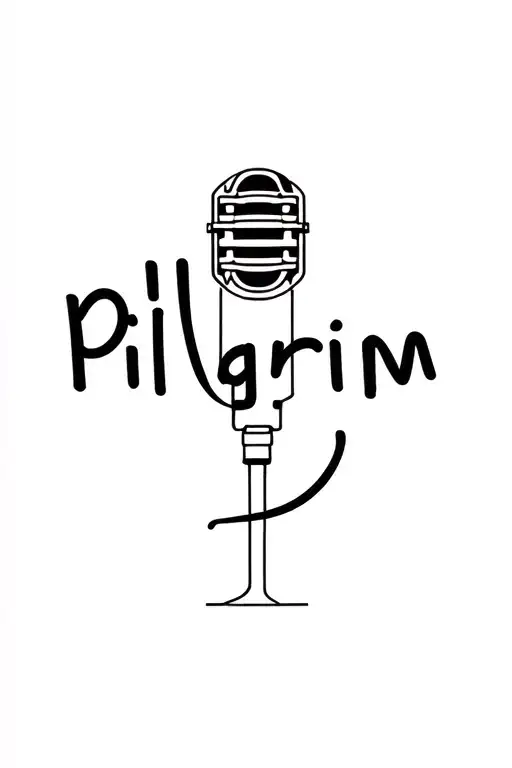 - Microphone in continuous line, without filler, with clean lines. The word “Pilgrim” in handwritten typography, but more tattoo design idea
