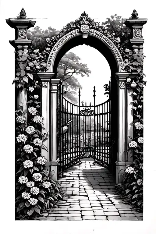garden gate opening tattoo design idea