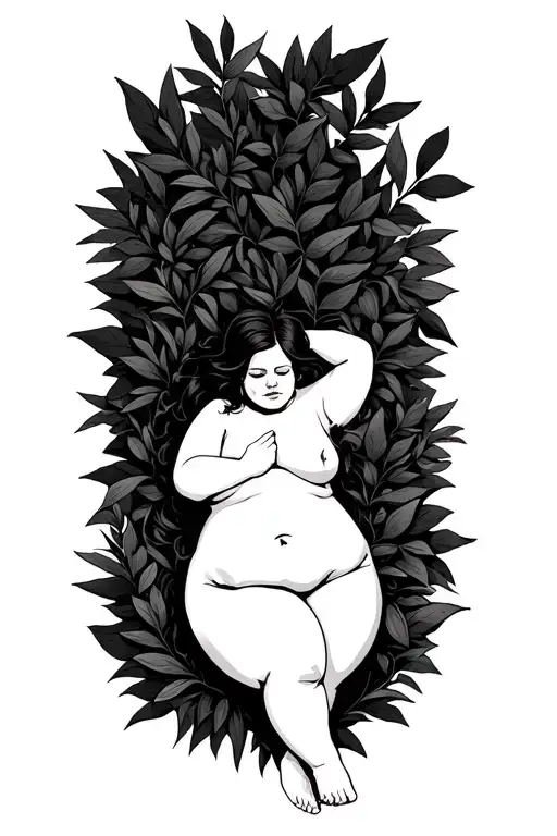 nude bbw chubby white girl frontal side laying pose in foliage black and grey hands and feet hidden tattoo design idea