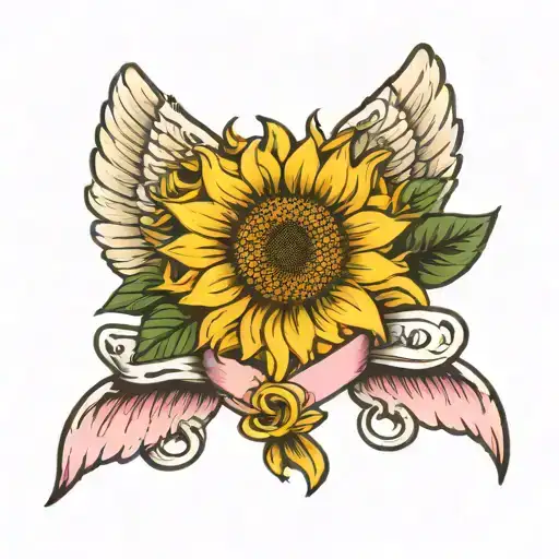 breast cancer ribbon with angel wings and sunflower tattoo design idea