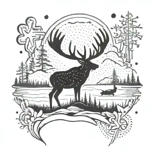 An abstract design incorporating elements of a caribou, Lake Temagami, and a highway 11 Kings Highway Ontario sign tattoo design idea