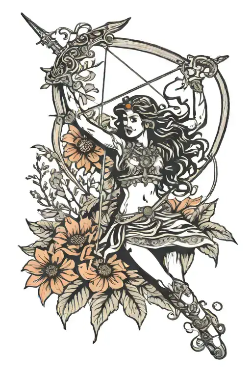 Sagittarius goddess aiming bow surrounded by Indian blanket flowers tattoo design idea