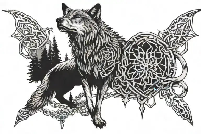 chest tattoo with a heart in chains and a wolf and some forest tattoo design idea