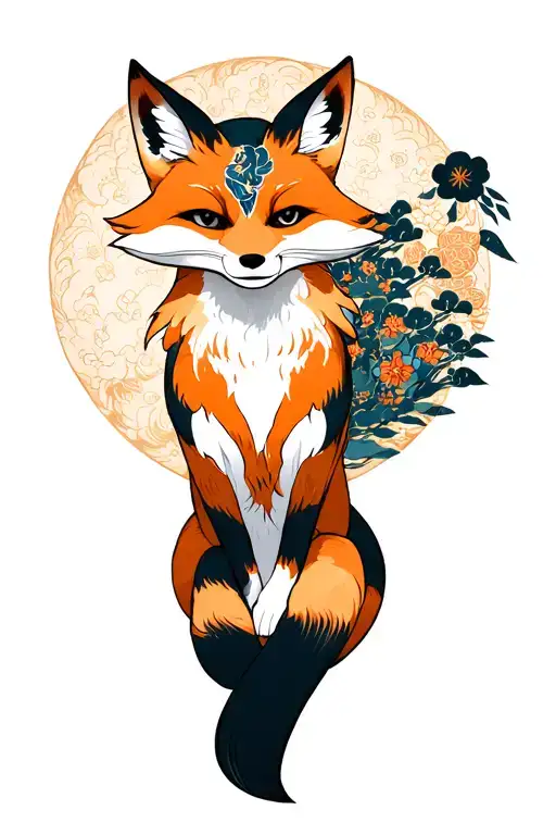sitting kitsune fox full body tattoo design idea