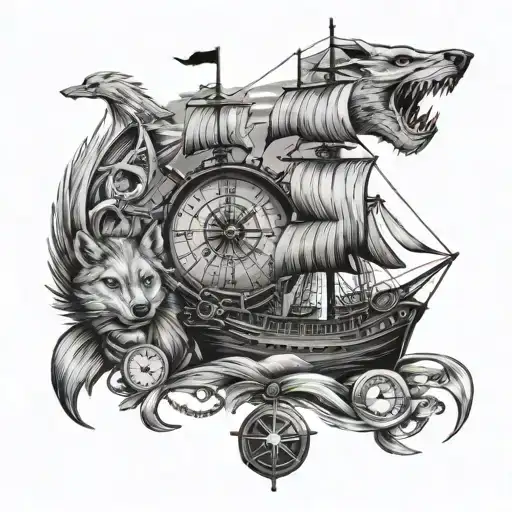 combination of pirate ship, compass, clock, arrow and wolfs tattoo design idea