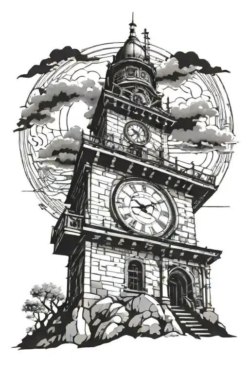 clock tower with the data birth 10/04/88, heaven stair case leading to it tattoo design idea