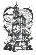 clock tower with the data birth 10/04/88, heaven stair case leading to it tattoo design idea