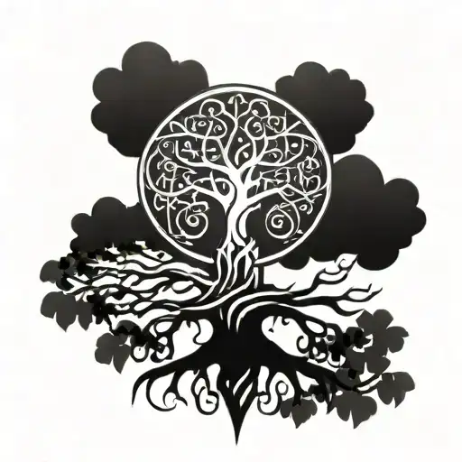yggdrasil tree with inside sword piercing tattoo design idea
