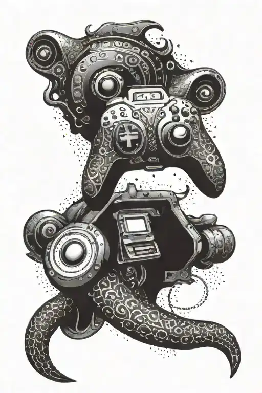 A dotwork tattoo of a gaming controller morphing into a mythical creature from Indian mythology, with a cinematic background tattoo design idea