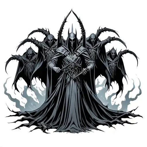 A black and grey tattoo design of the nine Nazgûl in a ghostly arched formation. The Witch-king stands in the center, we tattoo design idea