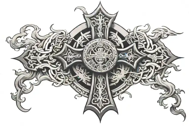 Make me a cross tattoo with the sun rising and the bottom of the cross have a more samurai bottom tattoo design idea