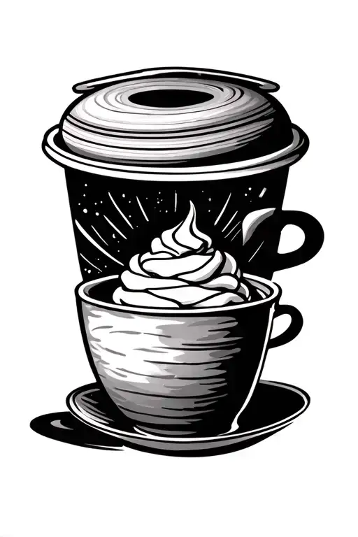 tea cup with saturn and a to-go coffee cup with whipped cream in tribal style  tattoo design idea