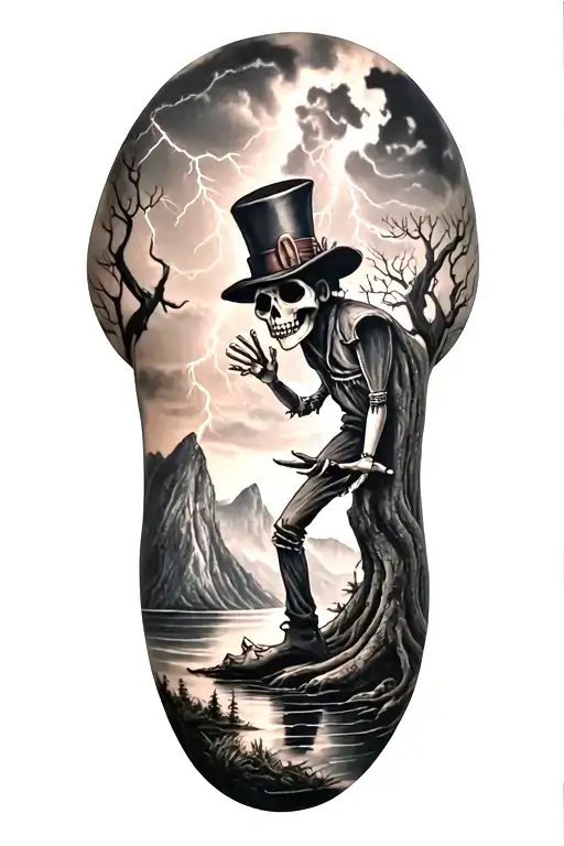 voodoo puppet doll with cylinder hat and lightining storm and fjord and nature, big tree tattoo design idea