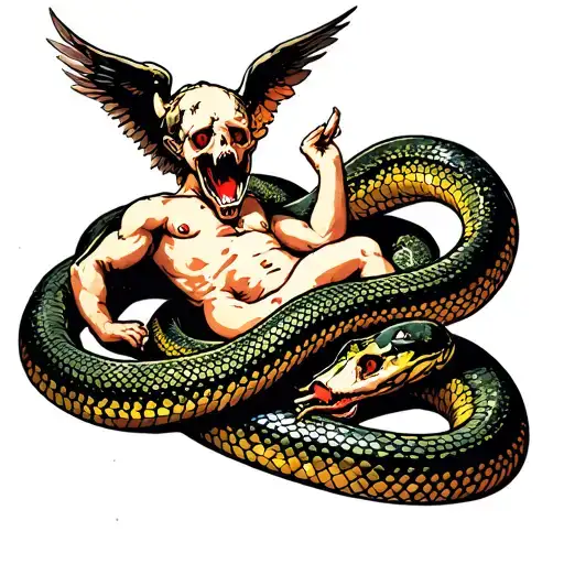tombstboa constricter wrapped around a dead cupid. snake has it mouth open ready to eat, Cupid's wings broken feathers tattoo design idea