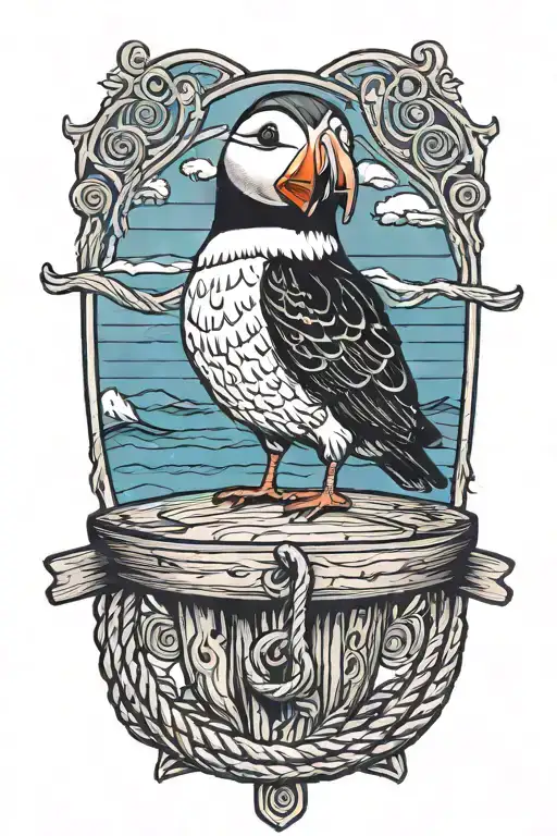 male puffin perched wood dock rope . old viking ship at sea background tattoo design idea