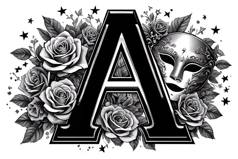   Letter A with the number 5 wrapped or surrounded by roses stars and Mardi Gras mask  tattoo design idea
