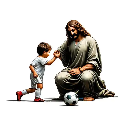 Jesus kneeling down and passing a soccer ball to a toddler who has medium length curly hair and has his arms stretched  tattoo design idea