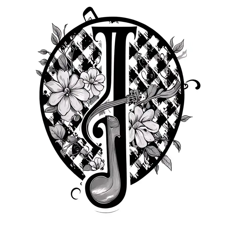 dogtooth pattern incorporating elements music note flowers small jazz instruments script swirls J tattoo design idea